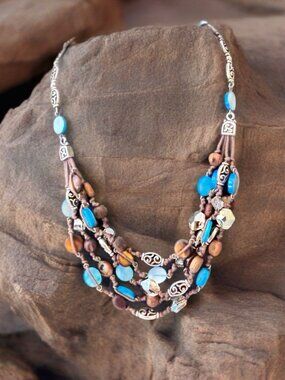 Brighton Riviera Blue Lagoon Wood Shell Beaded Boho Multi Strand Necklace
